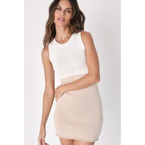 Lulus Dresses & Skirts - Lulus Chic Adoration White And Beige Color Block Mini Sweater Dress - Size XL